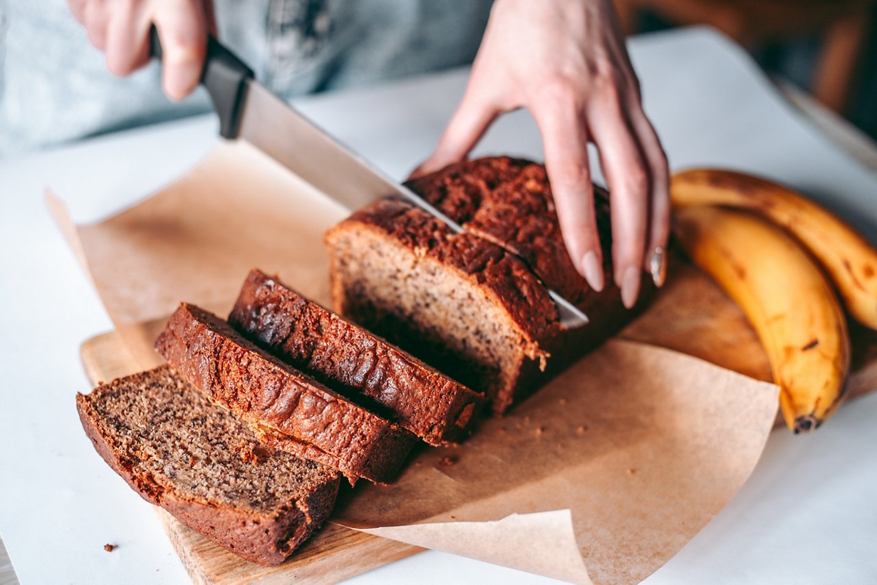 Slices of homemade banana bread on a plate Slices of homemade banana bread on a plate